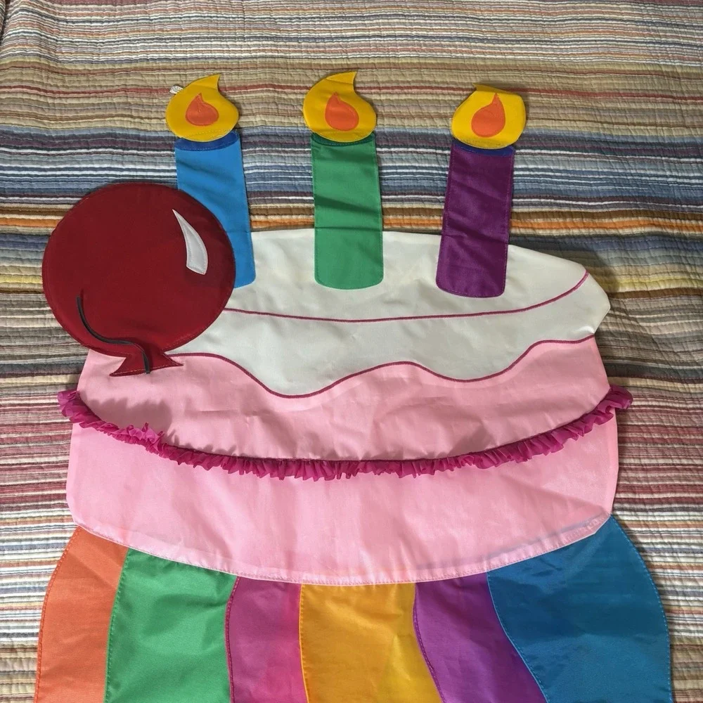 House Flag Happy Birthday Double Sided‎ Banner 28 x 48 Colorful Cake & Balloons